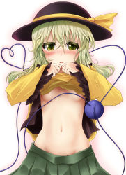Rule 34 | 1girl, blush, breasts, clothes lift, female focus, green eyes, groin, hat, heart, heart of string, komeiji koishi, midriff, navel, shimo (depthbomb), shirt lift, skirt, small breasts, solo, touhou, underboob