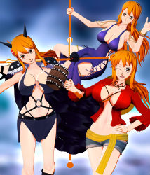 Rule 34 | 1girl, absurdres, alternate costume, armpits, beast pirates uniform, blush, breasts, cleavage, cosplay, dress, highres, huge breasts, large breasts, long dress, long hair, looking at viewer, monkey d. luffy (cosplay), nami (one piece), nami (one piece) (post-timeskip), nami (one piece) (zou), official alternate costume, one piece, orange hair, revealing clothes, short dress, smile, solo, tattoo, very long hair, wide hips
