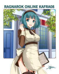 Rule 34 | 1girl, 20nigu, alty (ragnarok online), apron, blue eyes, blue hair, blurry, blurry background, blush, breasts, brown dress, building, clipboard, commentary request, cowboy shot, dress, frilled apron, frills, garter straps, holding, holding clipboard, kafra uniform, looking at viewer, maid, maid headdress, medium breasts, open mouth, ragnarok online, short dress, short hair, signature, smile, solo, tree, white apron