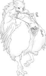 Rule 34 | 1girl, cloaca, feathers, female focus, full body, furry, furry female, monochrome, nezunezu, pussy, pussy juice, simple background, solo, spread pussy, white background