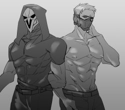 Rule 34 | 2boys, abs, highres, looking at viewer, male focus, mask, monochrome, multiple boys, muscular, overwatch, overwatch 1, pectorals, reaper (overwatch), tagme, topless male