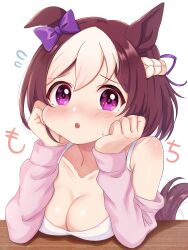 Rule 34 | 1girl, animal ears, bow, breasts, brown hair, casual, cleavage, flying sweatdrops, hair bow, hands on own cheeks, hands on own face, highres, horse ears, horse girl, horse tail, jacket, medium breasts, mochitsuki wataame, open mouth, pink jacket, purple bow, purple eyes, shirt, short hair, solo, spaghetti strap, special week (umamusume), table, tail, tail wagging, umamusume, upper body, white background, white shirt