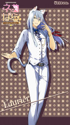 Rule 34 | 1boy, animal ear fluff, animal ears, bell, belt, black belt, blue bow, blue bowtie, blue eyes, bow, bowtie, bracelet, brown background, buttons, cat boy, cat ears, cat tail, character name, formal, g yuusuke, hair ribbon, hands up, highres, jewelry, laurier (nekopara - catboys paradise), light smile, logo, long hair, long sleeves, looking to the side, neck bell, nekopara - catboys paradise, official art, official wallpaper, open mouth, pants, red ribbon, ribbon, sleeveless, smile, suit, tail, teeth, white hair, white pants