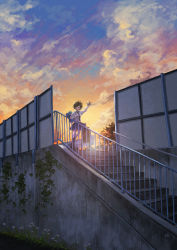 Rule 34 | 1girl, bag, brown hair, cloud, cloudy sky, closed eyes, grass, original, outstretched arm, road, ryouga (fm59), school bag, school uniform, short hair, sky, smile, solo, stairs, sunset