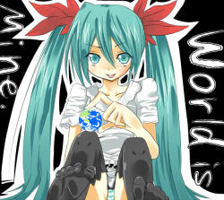 Rule 34 | 1girl, bad id, bad pixiv id, casual, feet, female focus, foot focus, giant, giantess, green eyes, green hair, hatsune miku, huge giantess, looking at viewer, murazou (mugenloop), panties, sitting, solo, thighhighs, twintails, underwear, vocaloid, world is mine (vocaloid)