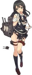 Rule 34 | 10s, 1girl, belt, black bra, black hair, black socks, black panties, blouse, bra, brown footwear, buttons, cannon, damaged, depth charge, embarrassed, full body, gloves, hair ornament, hairclip, kantai collection, kneehighs, konishi (koconatu), loafers, long hair, looking to the side, machinery, neck ribbon, official art, open mouth, oyashio (kancolle), panties, pleated skirt, purple ribbon, ribbon, school uniform, serafuku, shirt, shoes, short sleeves, skirt, socks, solo, standing, standing on one leg, thigh strap, torn clothes, torn legwear, torn shirt, torn skirt, transparent background, underwear, vest, white gloves, white shirt