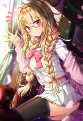 Rule 34 | 1girl, blonde hair, blouse, blurry, blurry foreground, blush, bow, braid, cardigan, clock, closed mouth, commentary request, curtains, depth of field, dutch angle, glasses, hair tie, hairband, hand up, head tilt, highres, indie virtual youtuber, indoors, kuria (clear trip second), long hair, long sleeves, low twintails, morohoshi meroko, notice lines, off shoulder, petals, pink cardigan, pleated skirt, red-framed eyewear, red bow, red eyes, red hairband, school uniform, semi-rimless eyewear, serafuku, shirt, skirt, sleeves past wrists, smile, solo, thighhighs, twin braids, twintails, under-rim eyewear, very long hair, virtual youtuber, wall clock, white serafuku, white shirt, white skirt