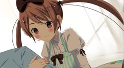 Rule 34 | 1boy, 1girl, blush, bow, brown hair, gradient background, hair bow, long sleeves, puffy sleeves, smile, solo focus, tokyo school life, twintails, yayoi karin