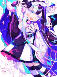 Rule 34 | 1girl, absurdres, asymmetrical sleeves, bare shoulders, beatmania, beatmania iidx, black bow, black dress, black hair, black nails, black sleeves, black wings, blush, bow, breasts, demon wings, detached sleeves, dress, feet out of frame, fingernails, heart, heart of string, highres, long fingernails, long hair, looking at viewer, medium breasts, mismatched sleeves, multicolored clothes, multicolored dress, multicolored hair, nail polish, open mouth, purple eyes, sharp fingernails, signature, smile, solar eclipse (bemani), solo, striped clothes, striped thighhighs, sushiuma m, thighhighs, two-tone hair, very long fingernails, white dress, white hair, white sleeves, wings