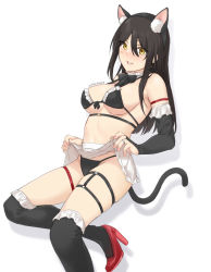 Rule 34 | 1girl, animal ear fluff, animal ears, bare shoulders, bikini, black hair, black hairband, black ribbon, black thighhighs, blush, breasts, cat ears, cat tail, clothes lift, detached sleeves, fake animal ears, frilled bikini, frilled thighhighs, frills, hair between eyes, hairband, high heels, invisible chair, jewelry, kotegawa yui, large breasts, lifted by self, long hair, long sleeves, looking at viewer, maid, maid bikini, neck ribbon, parted lips, red footwear, ribbon, ring, saruno (eyesonly712), simple background, sitting, skindentation, skirt, skirt lift, smile, solo, swimsuit, tail, thigh strap, thighhighs, to love-ru, unconventional maid, underboob, wedding band, white background, yellow eyes