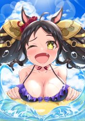 Rule 34 | + +, 1girl, :d, absurdres, akanehiiro, animal ears, bare shoulders, big hair, black hair, blush, breasts, cleavage, cloud, cloudy sky, collarbone, drill hair, fang, highres, horse ears, horse girl, innertube, large breasts, lens flare, light rays, marvelous sunday (umamusume), one eye closed, open mouth, oppai loli, side drill, sky, smile, solo, splashing, sunbeam, sunlight, swim ring, swimsuit, twintails, umamusume, upper body, water, yellow eyes
