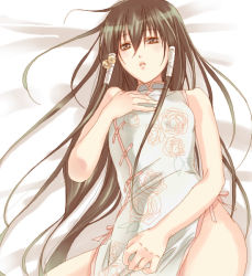 Rule 34 | 1boy, androgynous, bare arms, bare legs, bare shoulders, bed, bell, blush, brown eyes, brown hair, china dress, chinese clothes, collared dress, cowboy shot, crossdressing, dress, floral print, flower, fuuchouin kazuki, getbackers, hair ornament, hair tubes, hand on own chest, jingle bell, long hair, looking at viewer, lying, male focus, papillon10, parted lips, ribbon, rose, side slit, sleeveless, sleeveless dress, solo, spread legs, traditional clothes, trap, very long hair