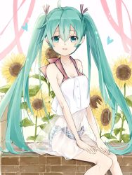 Rule 34 | 1girl, ahoge, bad id, bad pixiv id, flower, green eyes, green hair, hatsune miku, long hair, looking at viewer, matching hair/eyes, see-through, sitting, solo, sunflower, tama (05728), twintails, very long hair, vocaloid
