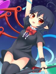 Rule 34 | 1girl, :3, ahoge, arm up, asymmetrical wings, black dress, black hair, black thighhighs, blue sky, blue wings, blush, bow, bowtie, breasts, buttons, center frills, closed mouth, commentary request, dress, foot out of frame, frilled dress, frills, highres, holding, holding polearm, holding weapon, houjuu nue, koruk700, looking at viewer, mary janes, medium bangs, medium breasts, pointy ears, polearm, red bow, red bowtie, red eyes, red footwear, red wings, shoes, short dress, short hair, short sleeves, sky, smile, snake, solo, star (sky), starry sky, thighhighs, tongue, tongue out, touhou, ufo, weapon, wings, wristband, zettai ryouiki