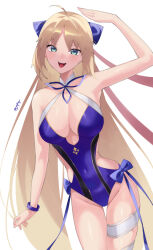Rule 34 | 1girl, absurdres, ahoge, alternate breast size, artoria caster (fate), artoria caster (swimsuit) (fate), artoria caster (swimsuit) (third ascension) (fate), artoria pendragon (fate), bare shoulders, blonde hair, blue one-piece swimsuit, blue ribbon, blush, bow, breasts, cleavage, covered navel, fate/grand order, fate (series), green eyes, hair bow, highleg, highleg swimsuit, highres, kurozawa yui, large breasts, long hair, looking at viewer, one-piece swimsuit, open mouth, parted bangs, ribbon, smile, solo, swimsuit, thighs, twintails, very long hair