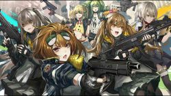 Rule 34 | 6+girls, :p, aiming, ammunition, armband, aviator sunglasses, black bow, black gloves, black legwear, black ribbon, blonde hair, blue eyes, blush, bow, breasts, brown eyes, brown hair, calico light weapons systems, calico m950, calico m950a, cheek pistol, cityscape, cleavage, closed mouth, clothes writing, collarbone, cropped jacket, double-stack magazine, dual wielding, eyepatch, eyewear on head, fingerless gloves, folding stock, fur-trimmed jacket, fur trim, girls&#039; frontline, gloves, green hair, grey hair, grizzly mkv (girls&#039; frontline), gun, hair between eyes, hair bow, hair ornament, hair ribbon, hairclip, handgun, helical magazine, high-capacity magazine, highres, holding, holding gun, holding weapon, hood, hood down, hooded jacket, infukun, jacket, kriss usa, l.a.r. manufacturing, lar grizzly win mag, letterboxed, long hair, looking at viewer, m950a (girls&#039; frontline), machine pistol, magpul, medium breasts, messy hair, multiple girls, non-web source, official art, one side up, open mouth, pantyhose, partially fingerless gloves, personal defense weapon, pistol, pistol stabilizing brace, pleated skirt, purple eyes, ribbon, scar, scar across eye, scar on face, shaded face, shirt, short hair, shorts, siblings, sidelocks, sisters, skirt, skorpion (girls&#039; frontline), skorpion vz. 61, small breasts, smile, stock (firearm), stubby grip, submachine gun, sunglasses, thigh strap, tongue, tongue out, transformational defense industries, twins, twintails, ump45 (girls&#039; frontline), ump9 (girls&#039; frontline), vector (girls&#039; frontline), vertical forward grip, weapon, white shirt, window magazine, yellow eyes