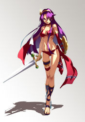 Rule 34 | 1girl, asamiya athena, athena (series), bikini, breasts, choker, cleavage, gladiator sandals, gradient background, hairband, highres, jewelry, l.k, long hair, navel, princess athena, purple eyes, purple hair, red bikini, sandals, shield, snk, solo, swimsuit, sword, the king of fighters, weapon