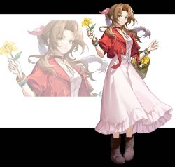 Rule 34 | 1girl, aerith gainsborough, black background, boots, bracelet, braid, braided ponytail, breasts, brown hair, buttons, choker, cropped jacket, dress, final fantasy, final fantasy vii, final fantasy vii remake, flower, flower basket, frilled dress, frills, full body, green eyes, hair ribbon, highres, holding, holding flower, jacket, jewelry, medium breasts, namelessdm, parted bangs, pink dress, red jacket, ribbon, sidelocks, solo, square enix, upper body, wavy hair, white background, yellow flower