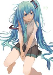 Rule 34 | 1girl, :d, absurdres, aqua necktie, bare arms, bare legs, bare shoulders, barefoot, between legs, black skirt, blue eyes, blue hair, breasts, collared shirt, grey shirt, hair ornament, hair spread out, hatsune miku, head tilt, highres, ibuki (ibuki0118), invisible chair, long hair, looking at viewer, miniskirt, necktie, open mouth, pleated skirt, shirt, simple background, sitting, skirt, sleeveless, sleeveless shirt, small breasts, smile, solo, thighs, twintails, v arms, very long hair, vocaloid, white background