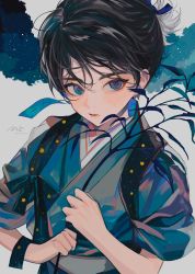Rule 34 | 1boy, androgynous, black hair, blue eyes, blush, commentary request, earrings, festival, hair between eyes, highres, holding, holding plant, japanese clothes, jewelry, kimono, looking at viewer, lower teeth only, male focus, multicolored clothes, open mouth, original, plant, ponn mame, short hair, short sleeves, simple background, single earring, solo, tanabata, teeth, trap