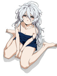 Rule 34 | 1girl, barefoot, breasts, cleavage, commentary request, from above, grey eyes, gundam, gundam suisei no majo, hair between eyes, long hair, looking at viewer, miorine rembran, off shoulder, simple background, small breasts, solo, toes, wakoudo, white background, white hair