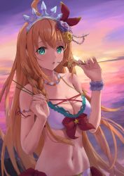 Rule 34 | 1girl, :o, ahoge, aqua eyes, armlet, beach, bikini, blush, bow, breasts, cleavage, floating hair, flower, food, hair flower, hair ornament, hair ribbon, hands up, highres, holding, holding food, ito t20a, jewelry, kebab, long hair, looking at viewer, medium breasts, navel, necklace, ocean, open mouth, orange hair, pecorine (princess connect!), pecorine (summer) (princess connect!), princess connect!, purple flower, purple rose, red bow, ribbon, rose, scrunchie, side-tie bikini bottom, sky, solo, stomach, sunset, swimsuit, tiara, very long hair, white bikini, wrist scrunchie, yellow flower, yellow rose