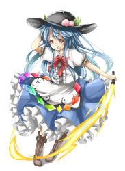Rule 34 | 1girl, blue hair, boots, bow, cross-laced footwear, deetamu, food, fruit, hat, hinanawi tenshi, long hair, looking at viewer, open mouth, peach, red eyes, skirt, solo, sword of hisou, tam-out (datam), touhou