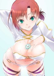 Rule 34 | 1girl, arm behind head, boudica (fate), breasts, cleavage, condom, covered erect nipples, cum, cum on body, cum on breasts, cum on upper body, deep skin, facial, fate/grand order, fate (series), grabbing own breast, green eyes, large breasts, leaning forward, looking at viewer, navel, o-ring, o-ring bottom, red hair, shinama, short hair, shrug (clothing), simple background, skindentation, smile, solo, thighhighs, thighs, used condom
