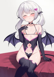 Rule 34 | 1girl, alexmaster, arm support, bat hair ornament, bat wings, bikini, black bikini, black choker, black gloves, black thighhighs, black wings, blush, breasts, choker, closed eyes, closed mouth, commentary request, cupless bikini, demon girl, elbow gloves, facing viewer, gloves, hair ornament, hand up, heart, heart choker, heart hair ornament, highres, inverted nipples, long hair, navel, nipples, original, partial commentary, simple background, sitting, small breasts, solo, swimsuit, thighhighs, twintails, white background, white hair, wings