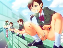 Rule 34 | 4girls, anus, ass, bar censor, black footwear, black skirt, borusen, bottomless, bow, breasts, brown hair, censored, cloud, closed eyes, green jacket, grey eyes, grin, hand on own face, hand on own knee, jacket, long hair, long sleeves, looking down, multiple girls, no panties, peeing, ponytail, pussy, red bow, school uniform, shoes, short hair, skirt, sky, small breasts, smile, socks, sparkle, spread legs, squatting, teeth, white socks