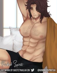 Rule 34 | absurdres, aftersex, angry, artist request, bad source, bara, bed, bed sheet, character kindredspiritva, chest hair, highres, kindredspirit (vtuber), kindredspiritva, looking at viewer, male focus, messy hair, muscular, muscular male, on bed, solo, unworn clothes, virtual youtuber, waking up