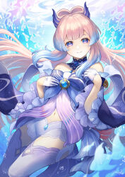 Rule 34 | 1girl, babydoll, bare shoulders, bloomers, blue choker, blue gemstone, blue hair, bow-shaped hair, choker, closed mouth, colored tips, detached sleeves, floating hair, frilled babydoll, frilled sleeves, frills, gem, genshin impact, gloves, half gloves, head wings, highres, lace-trimmed choker, lace trim, long hair, looking at viewer, multicolored hair, navel, ocean, pink hair, purple eyes, sangonomiya kokomi, sidelocks, smile, solo, thighhighs, twintails, two-tone hair, underwater, underwear, white bloomers, white gloves, white thighhighs, wide sleeves, wings, yuiko (yuiyuiko 108)