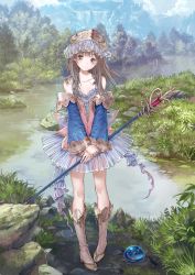Rule 34 | 1girl, absurdres, atelier (series), atelier totori, bare shoulders, blue sky, blush, boots, brown eyes, brown hair, closed mouth, collarbone, commentary request, day, detached sleeves, flat chest, forest, frills, full body, head tilt, headdress, highres, holding, kishida mel, knee boots, lake, long sleeves, looking at viewer, nature, official art, outdoors, pleated skirt, rock, see-through, skirt, sky, slime (creature), smile, staff, standing, totooria helmold, tree, water
