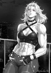 Rule 34 | 1girl, abs, against railing, breasts, choker, cityscape, cleavage, denim, dorohedoro, fingerless gloves, gloves, highres, jeans, leaning back, long hair, medium breasts, muscular, muscular female, night, night sky, noi (dorohedoro), pants, railing, red eyes, robusta mania, sky, solo, tank top, white hair