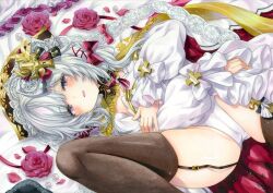 Rule 34 | 1girl, azur lane, black ribbon, black thighhighs, blush, cameltoe, commentary request, cross hair ornament, detached sleeves, flandre (azur lane), flat chest, flower, garter straps, grey hair, hair ornament, hair ribbon, highres, leotard, long hair, long sleeves, looking at viewer, lying, marker (medium), narrowed eyes, on back, open mouth, partial commentary, puffy sleeves, purple eyes, red ribbon, ribbon, rose, smile, solo, thighhighs, thighs, traditional media, whipberry, white leotard