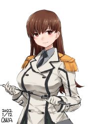 Rule 34 | 1girl, black necktie, brown eyes, brown hair, buttons, collared shirt, cosplay, double-breasted, epaulettes, glasses, grey jacket, highres, holding, holding pointer, holding riding crop, jacket, kantai collection, katori (kancolle), katori (kancolle) (cosplay), long hair, military, military uniform, necktie, ooi (kancolle), owa (ishtail), pointer, riding crop, shirt, simple background, solo, uniform, upper body, white background