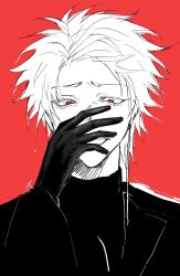 Rule 34 | 1boy, covering own mouth, earrings, gloves, greyscale with colored background, grin, hand over own mouth, highres, jacket, jewelry, long sleeves, male focus, open clothes, open jacket, red background, red eyes, saibou shinkyoku, short hair, simple background, single earring, sketch, smile, solo, spot color, theodore riddle, turtleneck, xizhongrenyisan456