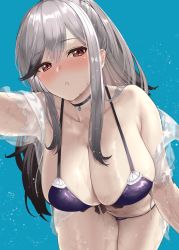 Rule 34 | 1girl, azur lane, bare shoulders, batsu, bikini, blue background, blush, breasts, brown eyes, choker, cleavage, collarbone, commentary request, cowboy shot, dunkerque (azur lane), dunkerque (summer sucre) (azur lane), front-tie bikini top, front-tie top, grey hair, hanging breasts, highres, large breasts, leaning forward, long hair, looking at viewer, multicolored hair, navel, pale skin, parted lips, ponytail, purple bikini, sidelocks, swimsuit, textless version, thighs, wet