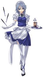 Rule 34 | 1girl, absurdres, ankle lace-up, apron, bad id, bad pixiv id, blue eyes, braid, cross-laced footwear, cup, elbow gloves, female focus, full body, garter belt, garter straps, gloves, hairband, highres, izayoi sakuya, knife, looking at viewer, maid, maid apron, maid headdress, ribbon, short hair, silver hair, solo, standing, teacup, thighhighs, throwing knife, touhou, transparent background, tray, twin braids, uemukai dai, uemuki dai, waist apron, weapon, white gloves, white thighhighs