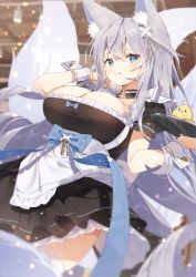 Rule 34 | 1girl, absurdres, alternate costume, animal ear fluff, animal ears, apron, azur lane, blue bow, blue eyes, blurry, blurry background, bokeh, bow, breasts, cleavage, commentary request, depth of field, enmaided, fox ears, fox girl, fox tail, hair between eyes, highres, kirari (kira rin9), kitsune, large breasts, long hair, looking at viewer, maid, manjuu (azur lane), multiple tails, puffy short sleeves, puffy sleeves, ribbon, shinano (azur lane), short sleeves, sidelocks, standing, tail, tray, very long hair, waist apron, wind, wind lift, wrist cuffs