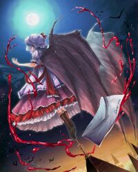 Rule 34 | 1girl, bat (animal), bat wings, blood, boots, brown footwear, commentary, dress, english text, envelope, full body, full moon, hat, hat ribbon, highres, layered dress, looking at viewer, looking back, mob cap, moon, outdoors, red eyes, red ribbon, remilia scarlet, ribbon, sky, teruteru12, touhou, white dress, white headwear, wings
