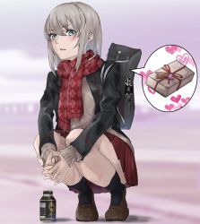 Rule 34 | 1girl, argyle, argyle clothes, argyle scarf, bag, black jacket, black socks, blue eyes, blurry, blurry background, bottle, brown footwear, brown sweater, carrying, commentary, day, depth of field, earrings, fringe trim, gift, girls und panzer, heart, interlocked fingers, itsumi erika, jacket, jewelry, kuromorimine military uniform, loafers, long sleeves, looking at viewer, medium hair, miniskirt, outdoors, own hands together, parted lips, pleated skirt, print scarf, red scarf, red skirt, scarf, school bag, shoes, silver hair, skirt, socks, solo, speech bubble, squatting, stud earrings, sweater, wani02, winter uniform