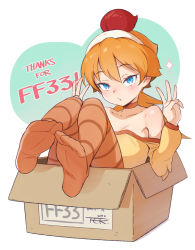 Rule 34 | 1girl, bare shoulders, blue eyes, blush, box, brown choker, brown pantyhose, cardboard box, chicken girl (toku), choker, closed mouth, collarbone, colored eyelashes, double w, hands up, head tilt, heart, in box, in container, long hair, long sleeves, looking at viewer, no shoes, off shoulder, orange hair, original, pantyhose, puffy long sleeves, puffy sleeves, soles, solo, sparkle, striped clothes, striped pantyhose, ter (otokoter), w