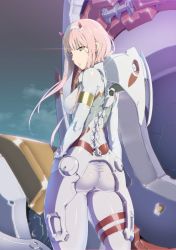 Rule 34 | 10s, 1girl, aqua eyes, ass, bodysuit, breasts, closed mouth, cowboy shot, darling in the franxx, expressionless, eyeshadow, from behind, glowing, glowing eyes, hairband, hand on own hip, horns, light trail, long hair, looking at viewer, looking back, makeup, mecha, medium breasts, nandz, pilot suit, pink hair, robot, shiny skin, skin tight, solo, standing, straight hair, strelizia, white bodysuit, white hairband, zero two (darling in the franxx)
