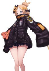 Rule 34 | 1girl, abigail williams (fate), akatsuki ikki, bandages, bare legs, blonde hair, blue eyes, fate/grand order, fate (series), hair ribbon, highres, holding, jacket, looking at viewer, ribbon, short hair, simple background, solo, stuffed animal, stuffed toy, teddy bear, white background