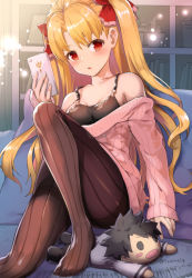 Rule 34 | 1girl, blonde hair, blush, bow, breasts, brown pantyhose, cellphone, character doll, commentary request, ereshkigal (fate), fate/grand order, fate (series), feet, fingernails, fujimaru ritsuka (male), hair bow, hand up, head tilt, holding, holding phone, long hair, long sleeves, medium breasts, no shoes, off-shoulder, off-shoulder sweater, off shoulder, pantyhose, parted lips, phone, pillow, pink sweater, red bow, red eyes, sitting, sleeves past wrists, solo, striped clothes, striped pantyhose, sweater, two side up, tyone, vertical-striped clothes, vertical-striped pantyhose, very long hair