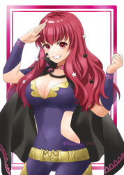 Rule 34 | 1girl, absurdres, black cape, border, breasts, cape, choker, cleavage, commentary request, covered navel, facial mark, fire emblem, fire emblem engage, hair ornament, highres, large breasts, long hair, looking at viewer, midori no baku, nintendo, pink border, pink choker, red eyes, red hair, salute, smile, solo, star (symbol), star facial mark, star hair ornament, teeth, unitard, white background, yunaka (fire emblem)