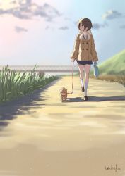 Rule 34 | artist name, bag, blue skirt, blurry, blurry background, bridge, brown eyes, brown footwear, brown hair, cloud, coat, commentary request, day, depth of field, dog, pet walking, grass, hasegawa fumi, holding, leash, long sleeves, outdoors, pleated skirt, profile, riverbank, scarf, shoes, signature, skirt, socks, solo, standing, standing on one leg, umiroku, walking, white socks, yuyushiki
