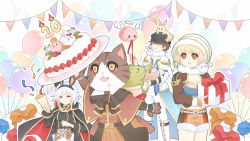 Rule 34 | 2boys, 2girls, :3, angel wings, angeling, animal ears, balloon, black coat, black headwear, black pants, blonde hair, blush, bonnet, breasts, brown capelet, brown hair, brown jacket, brown shirt, brown shorts, cabbie hat, cake, capelet, cat boy, character request, cleavage, coat, commentary request, cross, emblem, fake animal ears, feet out of frame, food, furry, furry male, halo, hat, jacket, lizard, long sleeves, lunatic (ragnarok online), medium hair, mochidraw, multiple boys, multiple girls, open mouth, pants, party, party popper, pitaya (ragnarok online), poring, rabbit, rabbit ears, ragnarok masters, ragnarok online, rebellion (ragnarok online), saint (ragnarok masters), shirt, shorts, shrug (clothing), smile, streamers, summoner (ragnarok online), white hair, white jacket, white pants, white shirt, wings