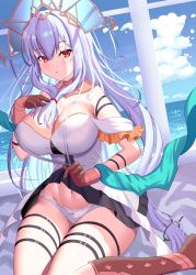 Rule 34 | 1girl, :o, arknights, aya-cis, bare shoulders, blue sky, boots, breasts, brown footwear, brown gloves, cleavage, dress, dutch angle, gloves, grey hair, hand up, hat, highres, large breasts, long hair, looking at viewer, navel, off-shoulder dress, off shoulder, outdoors, panties, parted lips, red eyes, sitting, skadi (arknights), skadi the corrupting heart (arknights), skadi the corrupting heart (sublimation) (arknights), sky, solo, stomach, thigh strap, thighs, underwear, very long hair, wariza, white dress, white panties
